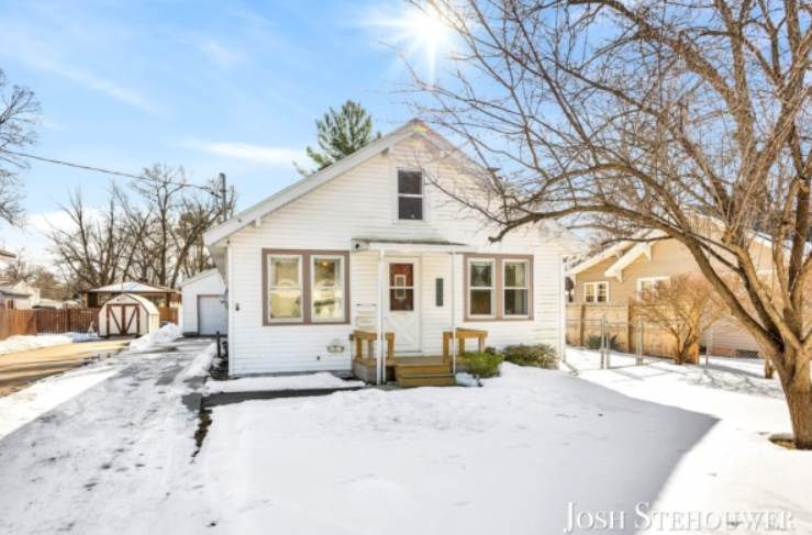 West Michigan Lakeshore home exterior with snow in winter